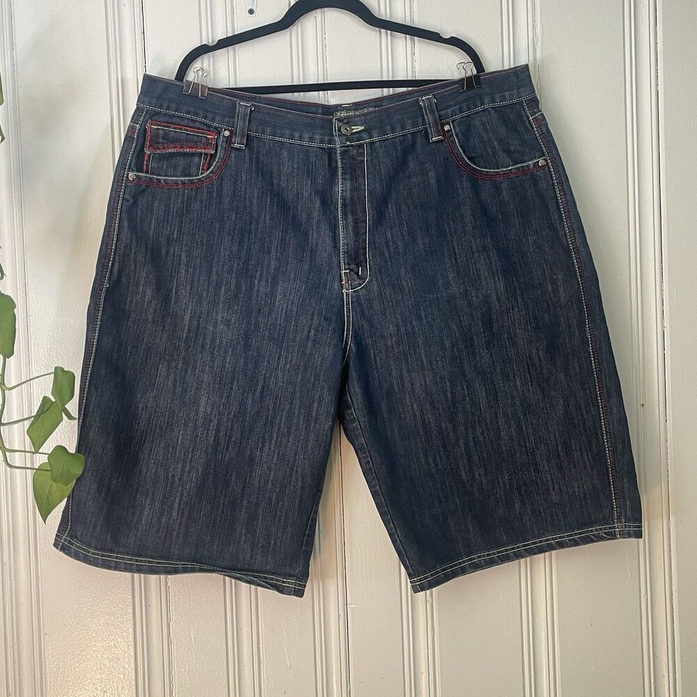 Vintage Y2K Direct Blue Men Blue Red Denim Embroidered Skater Shorts Size 44